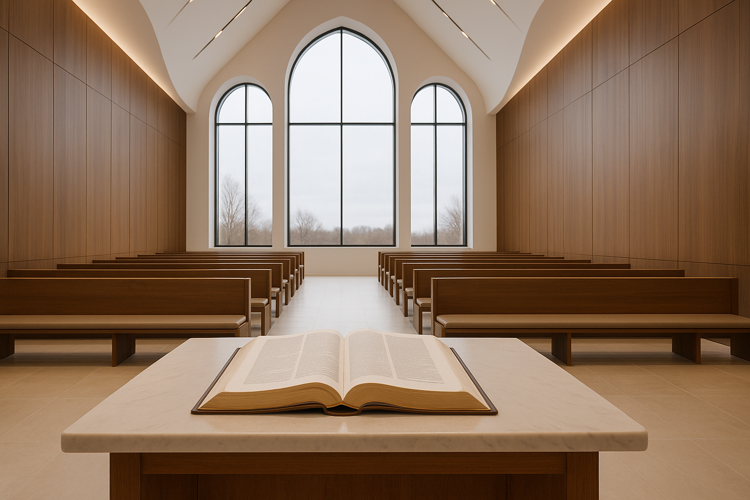 Photo of a elementary school classroom with empty wooden desks and sun shining through the windows.